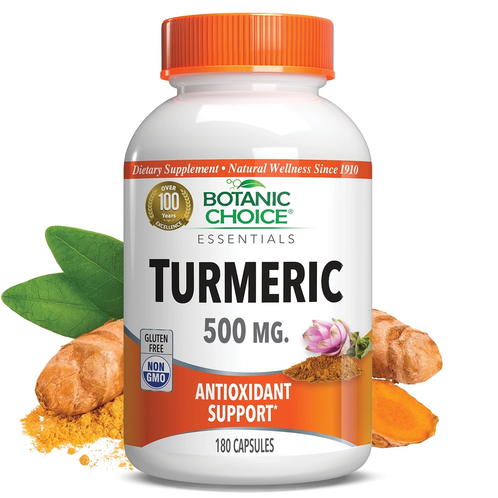 Botanic Choice Premium Turmeric Antioksydant Support - Joint Health Supplement dla dorosłych - 180 Vege kapsułki (500 mg każdy)