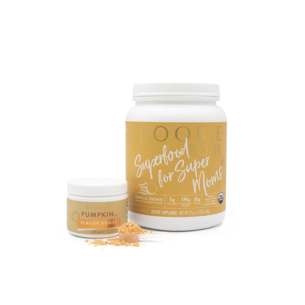 Boobie Body Superfood Protein Shake with Flavor Boost Bundle - Proszek protein do karmienia piersią, Metabolizm i Energia (21oz Vanilla Cookie Protein Tub, 1.32oz Pumpkin Flavor Boost)