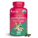 Zena Nutrition Organic Super Zielone Suplement owoców i warzyw, 70 + Superfoods z owoców i warzyw, 3g Fiber, Spirulina, Chlorella, Prebiotyki i probiotyki, Enzymy trawienne, 180 Kapsułki