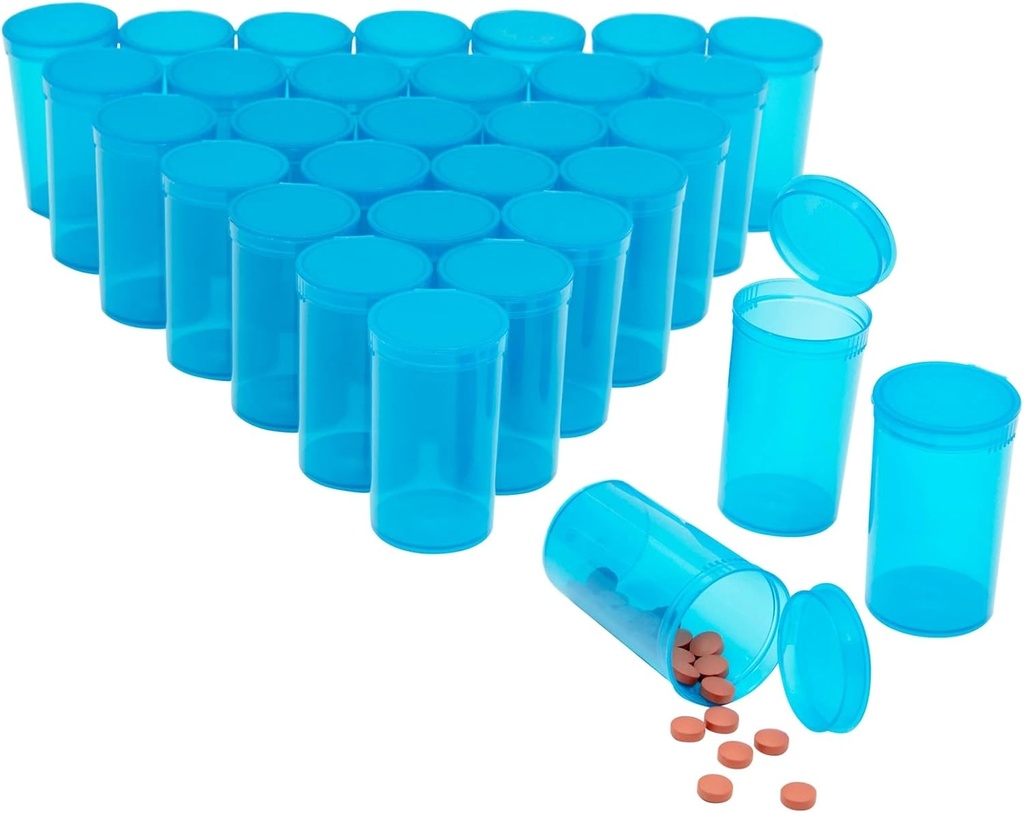 Juvale 30 Pack Puste butelki Pop- Top Pill - 19 Pojemność Dram - Blue Plastic - Czapki dla łatwego dostępu - Kontenery medyczne i fiolki z czapkami - Squeeze- Open Travel Vials