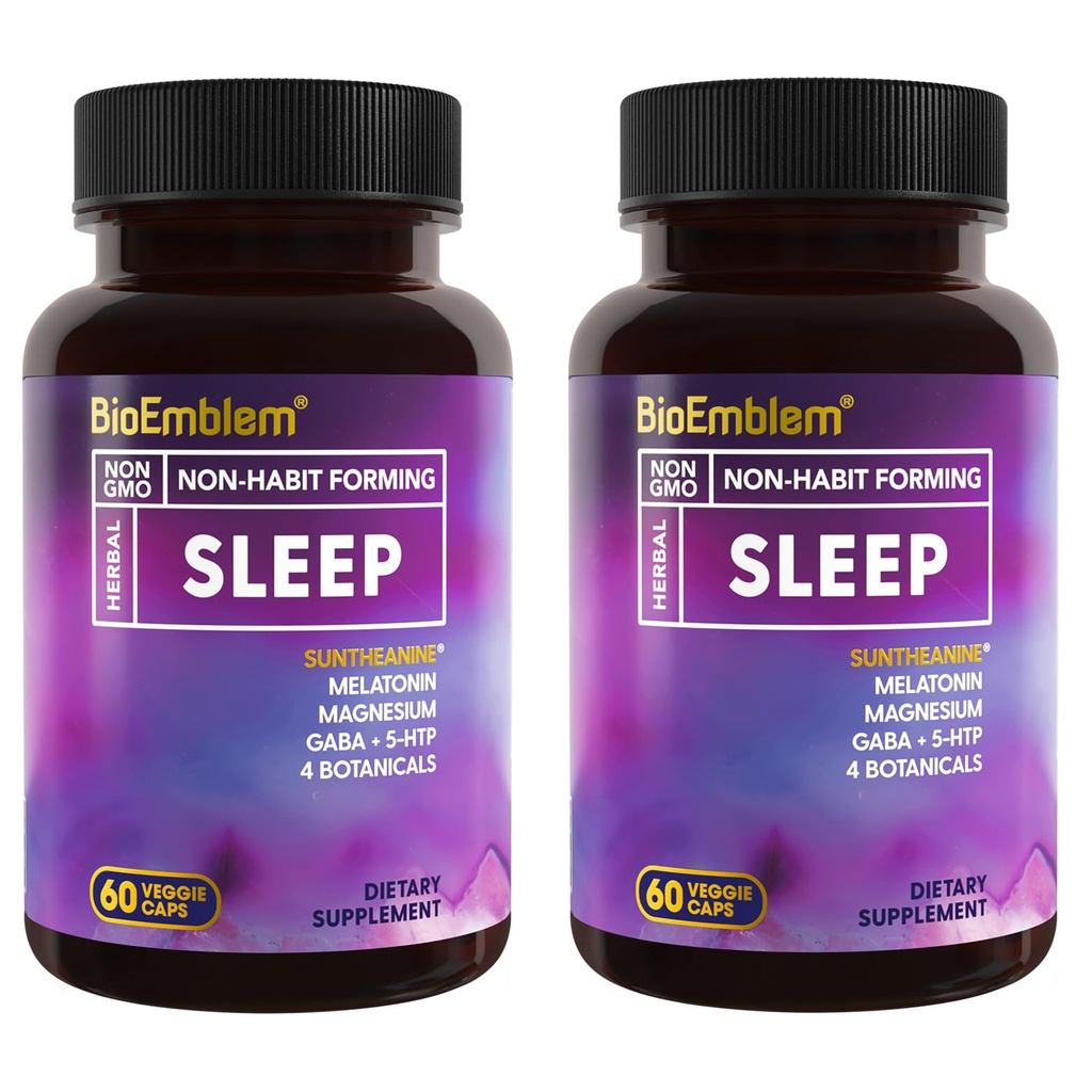 Bioemblem Naturalna pomoc na sen dla dorosłych z Melatonin, Valerian Root, Suntheanine & More Assistance 124; Zdrowy suplement do snu 124; Ziołowe tabletki na sen 124; 60 kapsułki, 2 opakowania