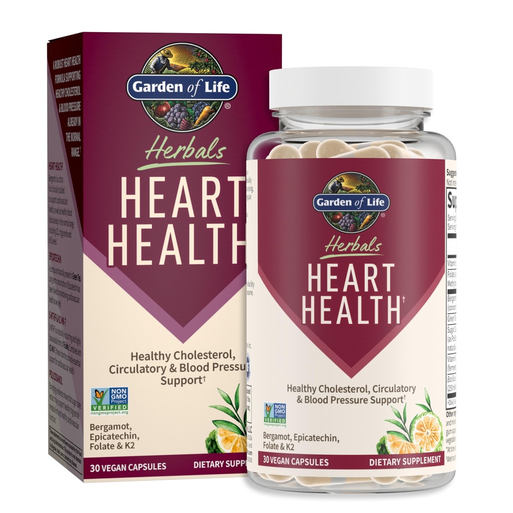 Ogród Herbals Life Heart Supplement z folianem, Bergamot, zielonej herbaty i witaminy E & K dla Cholesterolu, Circulative & Blood Pressure Support, Non-GMO, Gluten- Free, Citrus Flavor, 30 Służenie