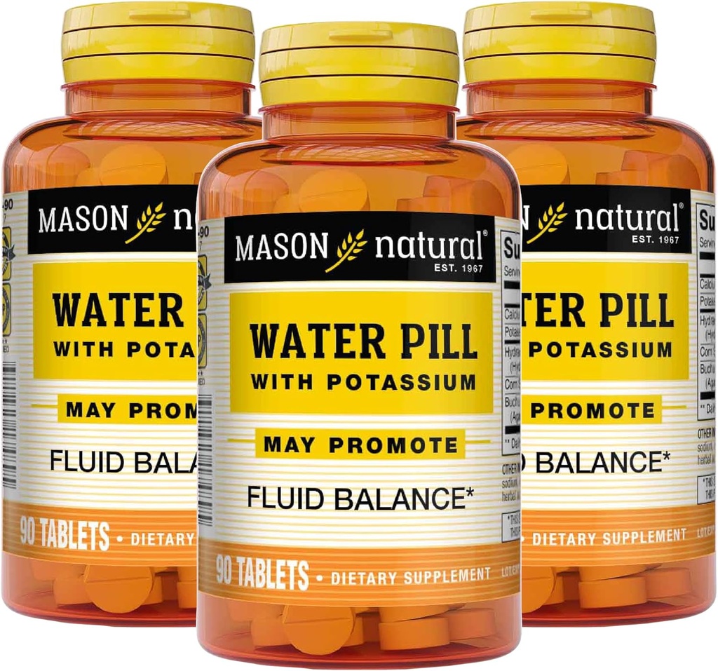 Mason Natural Water Pill z potasu i wapnia - Wspiera równowagę płynów, pomaga złagodzić wzdęcia i opuchlizny, Natural Diuretic Supplement, 90 tabletek (Opakowanie po 3)