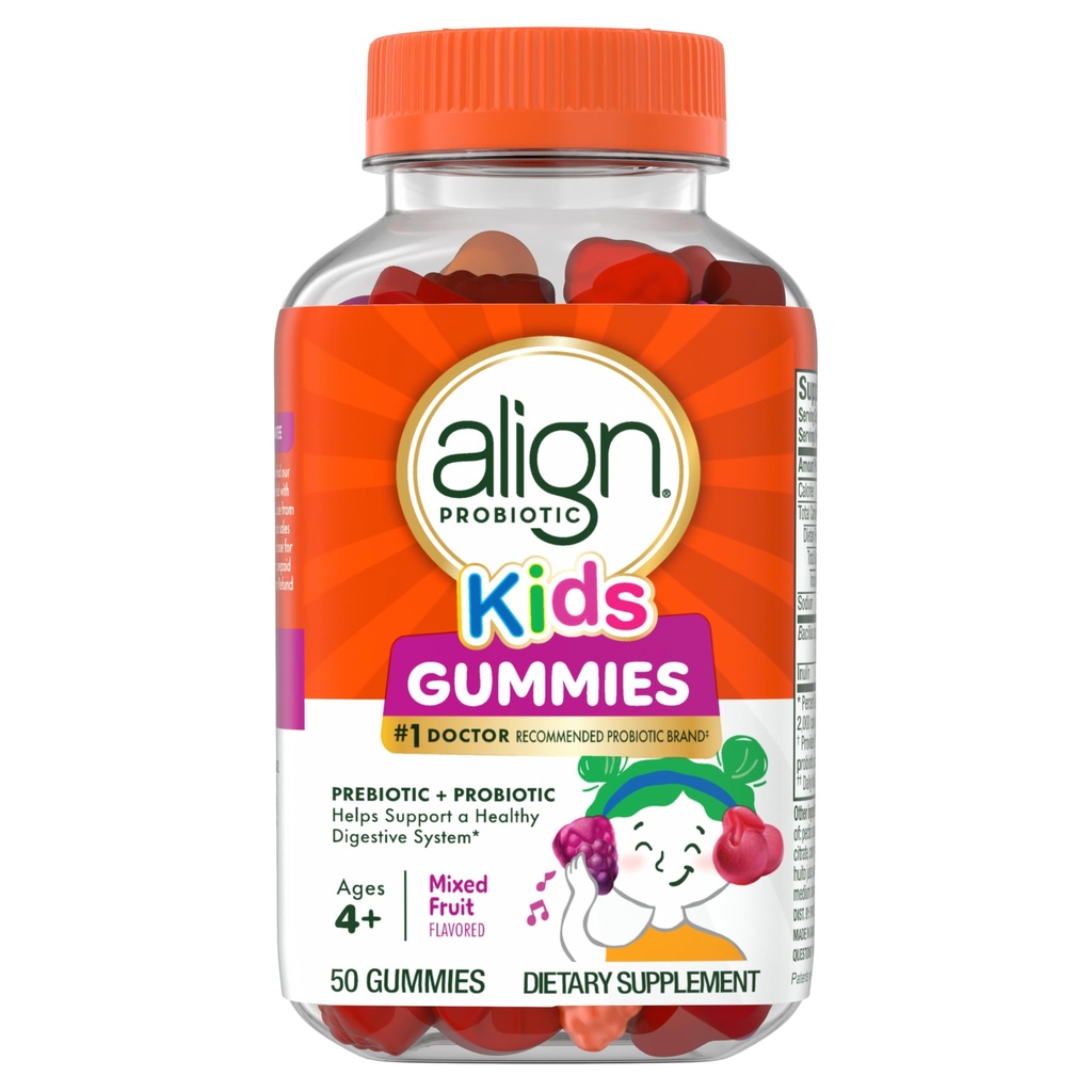 Align Probiotic, Gummies dla dzieci, Prebiotic + Probiotic pomaga utrzymać zdrowy układ trawienny *, # 1 Zalecane przez lekarza Probiotic Marka ‡, 50 Gummies Opakowania mogą się różnić