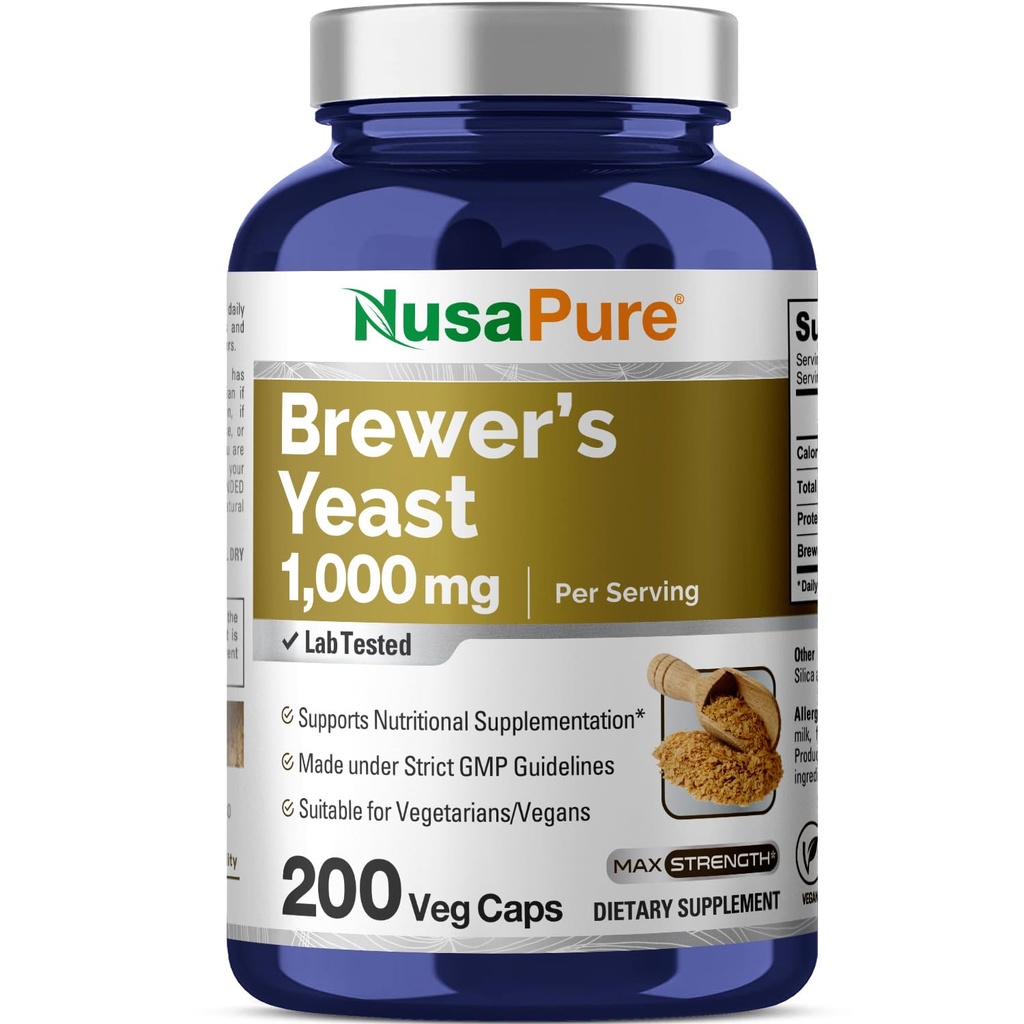 NusaPure Brewers Yeast 1000mg 200 Czapki wegetariańskie (Non-GMO, Wegan)