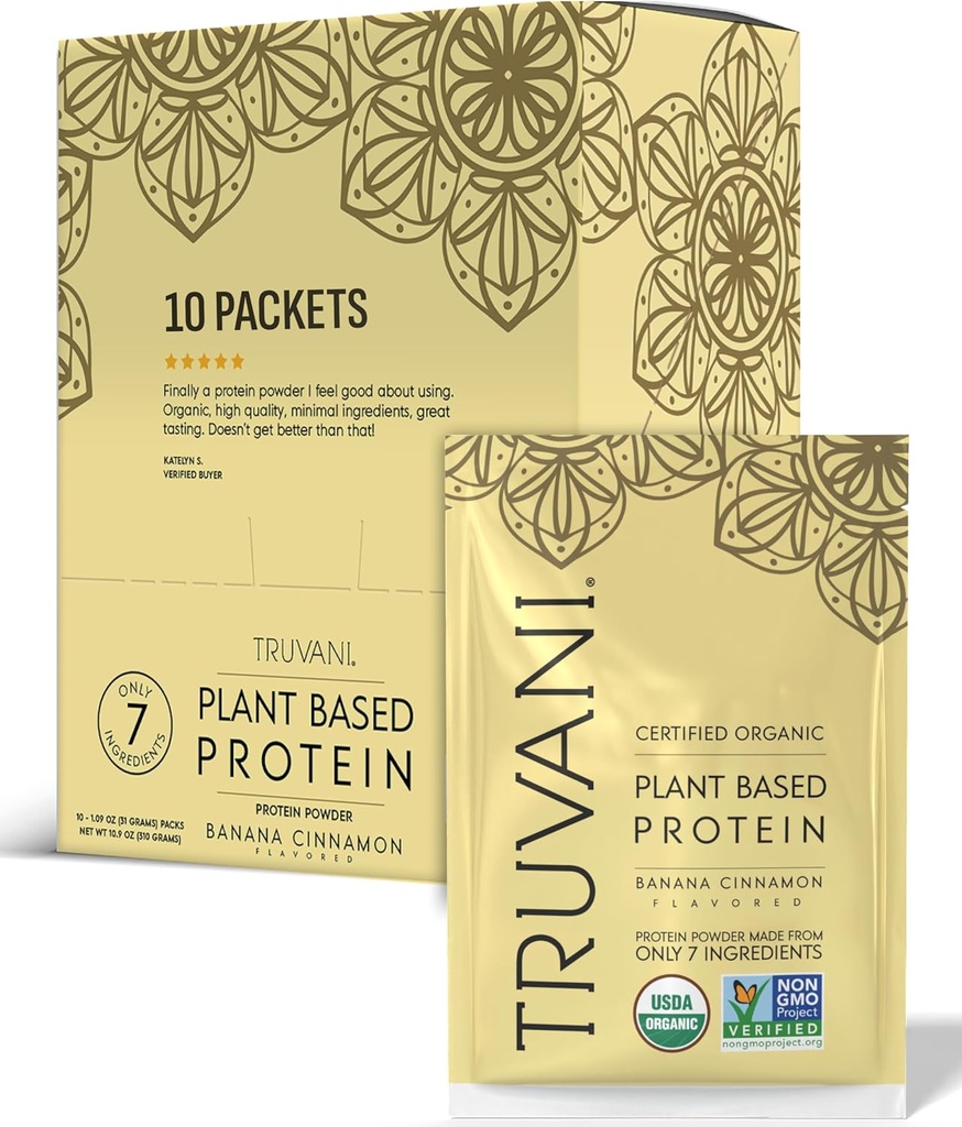 Truvani Vegan Pea Protein Proszek Banan Cynamon 124; 20g Organic Plant Based Protein 124; Single Serving Travel Pakiety 124; 10 Służenia 124; Keto 124; Gluten & Dairy Free 124; Niskie węglowodany 124; Nie Dodano cukru