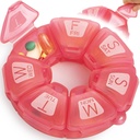 Round Weekly Pill Organizator, TPU Rubberized, Travel Pill Container 7 Day, z 7 Duże Komory, Wielki dla codziennych witamin i suplementów, Cute Pill Case z dużymi literami i Braille (Rose)