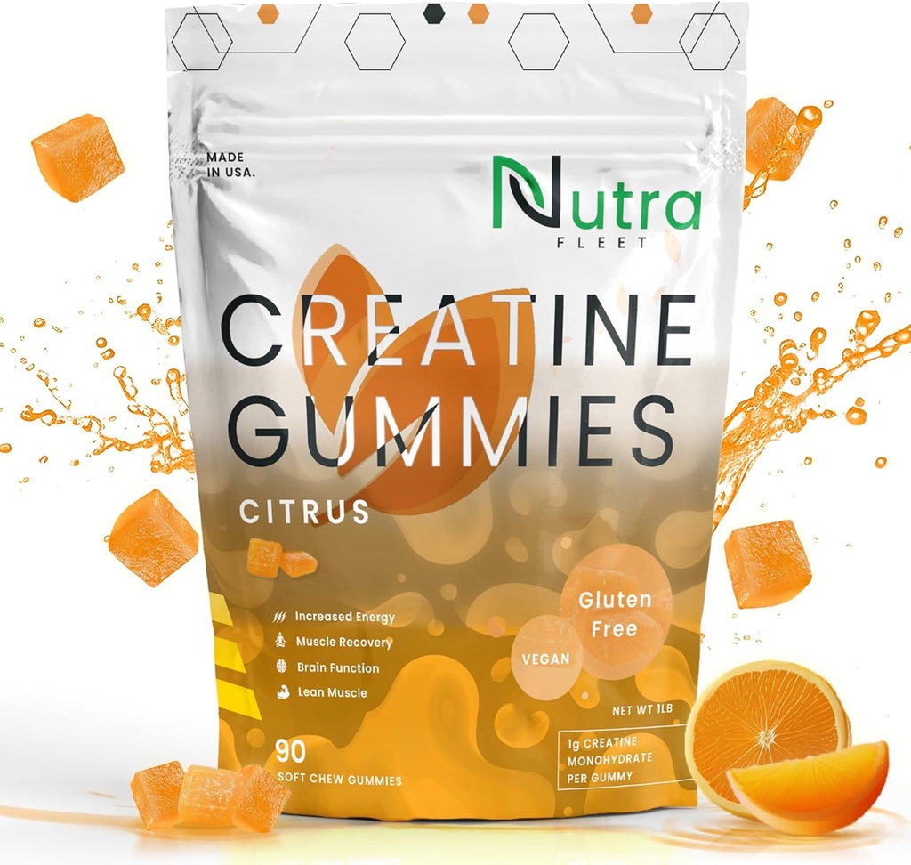 Jednowodzian Gummie - 5g żelki do żucia Monohydrat dla mężczyzn i kobiet - Zwiększenie siły, Muscle builder - Wzmacnia energię & Focus - Niskie kalorie, Wegan & Gluten wolna 124; 90 liczyć Citrus