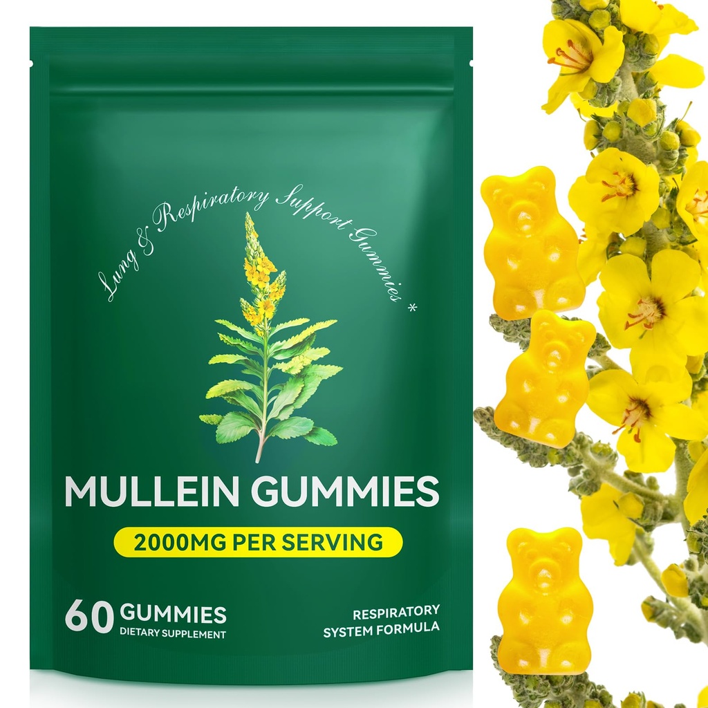 Mullein Gummies for Lung Detox, 2000mg Mullein Leaf Extract for Rescue & Digestive & Immune Support, Organic Mullein Herb Supplement for Mucus Relief for Rescue, Immune, Vegan 60 Gummies