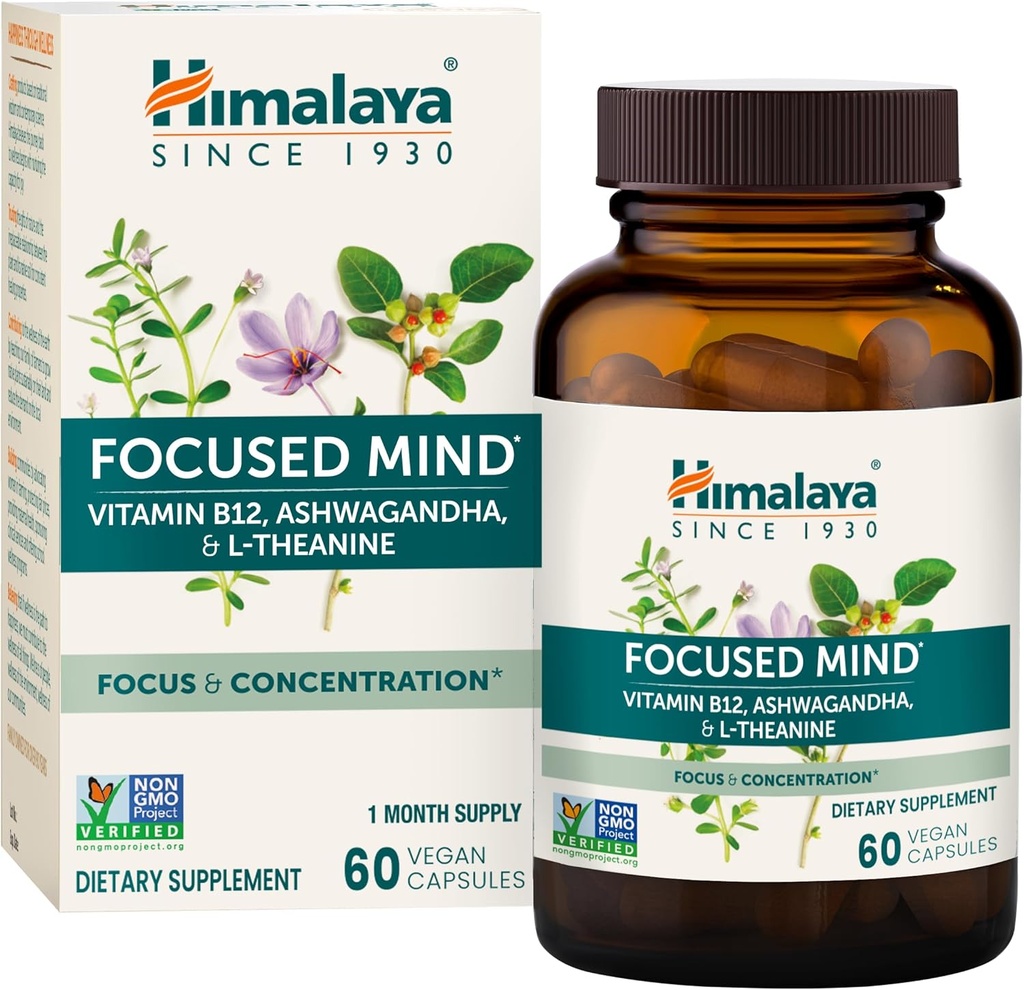 Himalaya Skupiony umysł z Ashwagandha, Bacopa & L -Theanine for Focus, Energia i uwaga, 60 Kapsułki, 1 Miesiąc dostaw, Wegan, Gluten Free