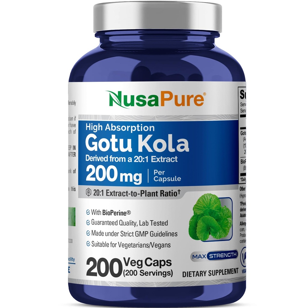 NusaPure Gotu Kola kapsułki 20: 1 Extract, 200 mg Ekwiwalent 4000mg Per Veggie Caps, 200 Count, Non-GMO, Vegan, Bioperine - Tradycyjny Herb Extract