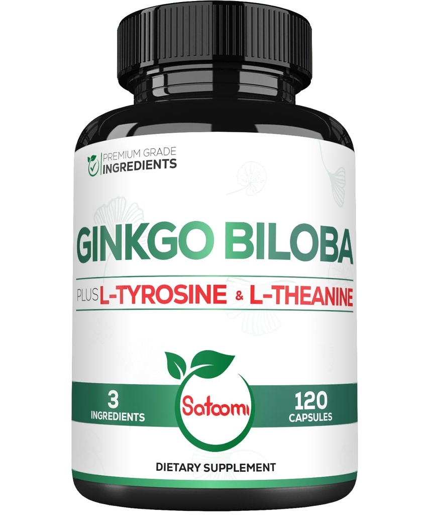1000mg Ginkgo Biloba Suplementy z L- Tyrosine, L- Theanine - 120 Kapsułki dla 2- Miesiące Dostawy - Wsparcie Focus, Funkcja Mermory, Zdrowie mózgu i jakość widzenia