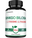 1000mg Ginkgo Biloba Suplementy z L- Tyrosine, L- Theanine - 120 Kapsułki dla 2- Miesiące Dostawy - Wsparcie Focus, Funkcja Mermory, Zdrowie mózgu i jakość widzenia
