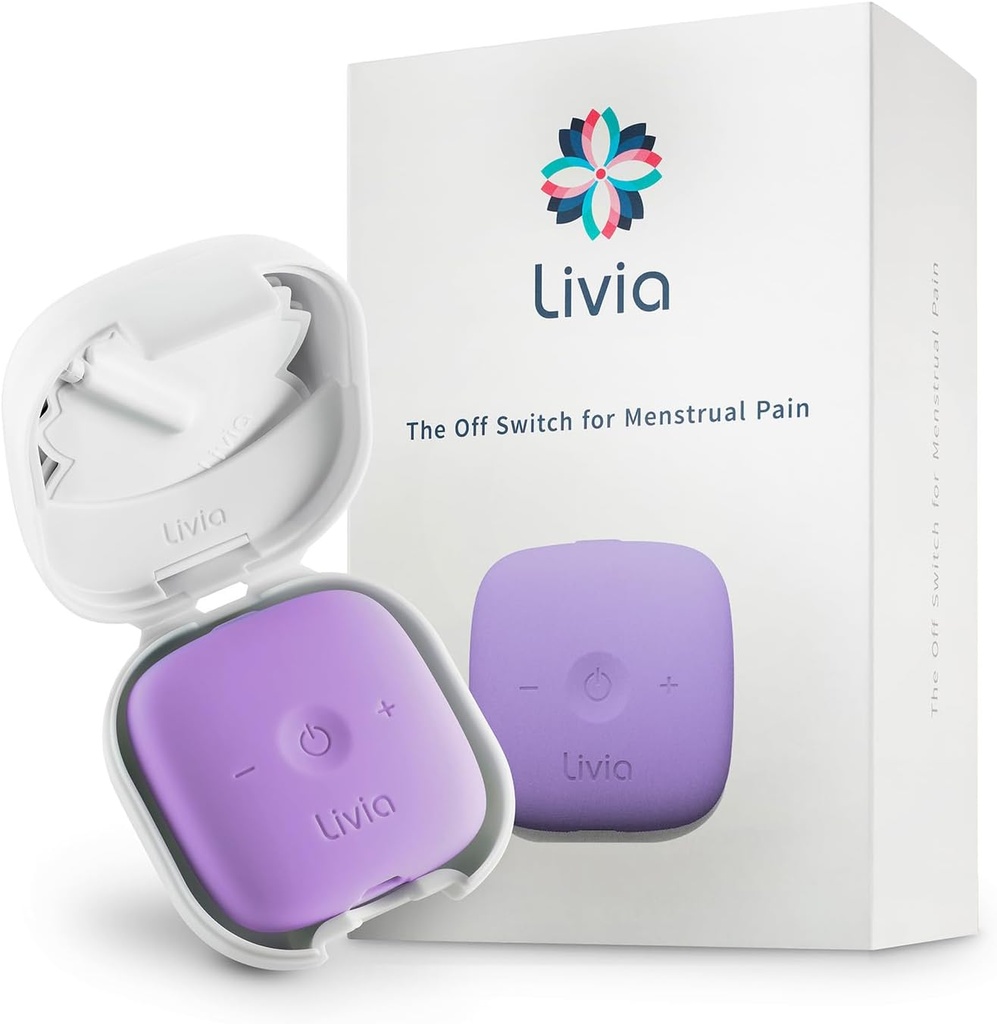 Livia Menstrual Pain Relief Device, Lavender - Off- Switch for Period Pain - Portable & Discreet - Akcesoria do 12 godzin - Kompletny zestaw z Stick- On Pads - Partner podróży Go-