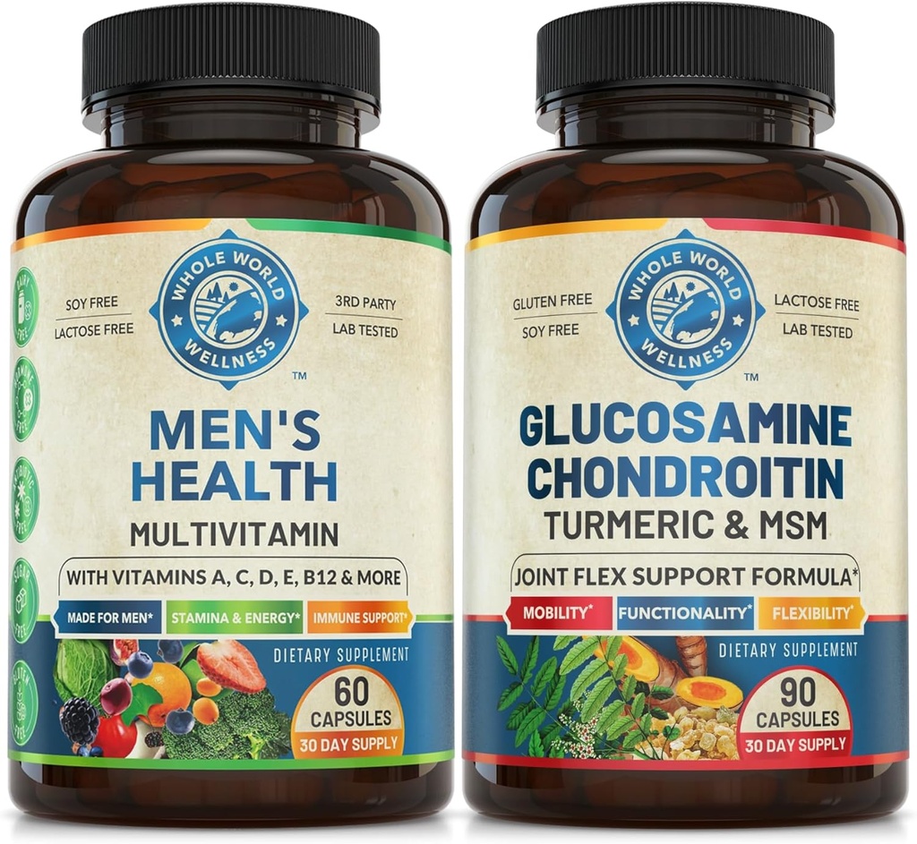 Mens Daily Multivitamins & Advanced Joint Support Bundle (Każda butelka). Wspólnie wspiera Holistyczne Wellness, Wzmocniona Energia i Wspólne Zdrowie. USA Made.