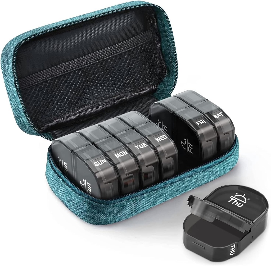 AUVON Canvas Bag Travel Pill Organizator 2 razy dziennie, Duży AM / PM Weekly Pill Box 7 Day Pill Case z przenośnym Cyan Zipper Spacer Torba do przechowywania suplementów, Witaminy i oleje rybne