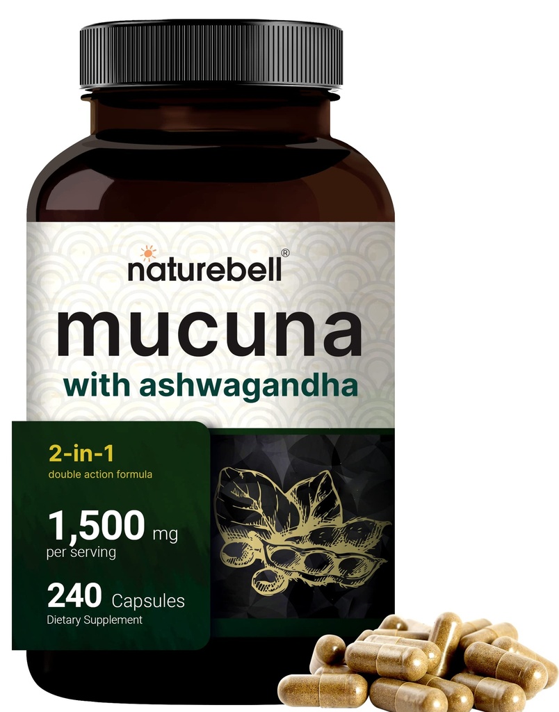Mucuna Pruziens Kapsułki, Potrójne Siła 1500mg na Podawanie, 2 w 1 Formuła, Made with Mucuna i Ashwagandha, 240 Kapsułki, Potent Seed Extract, Pozytywny nastrój, Relaxation & Restoration Support