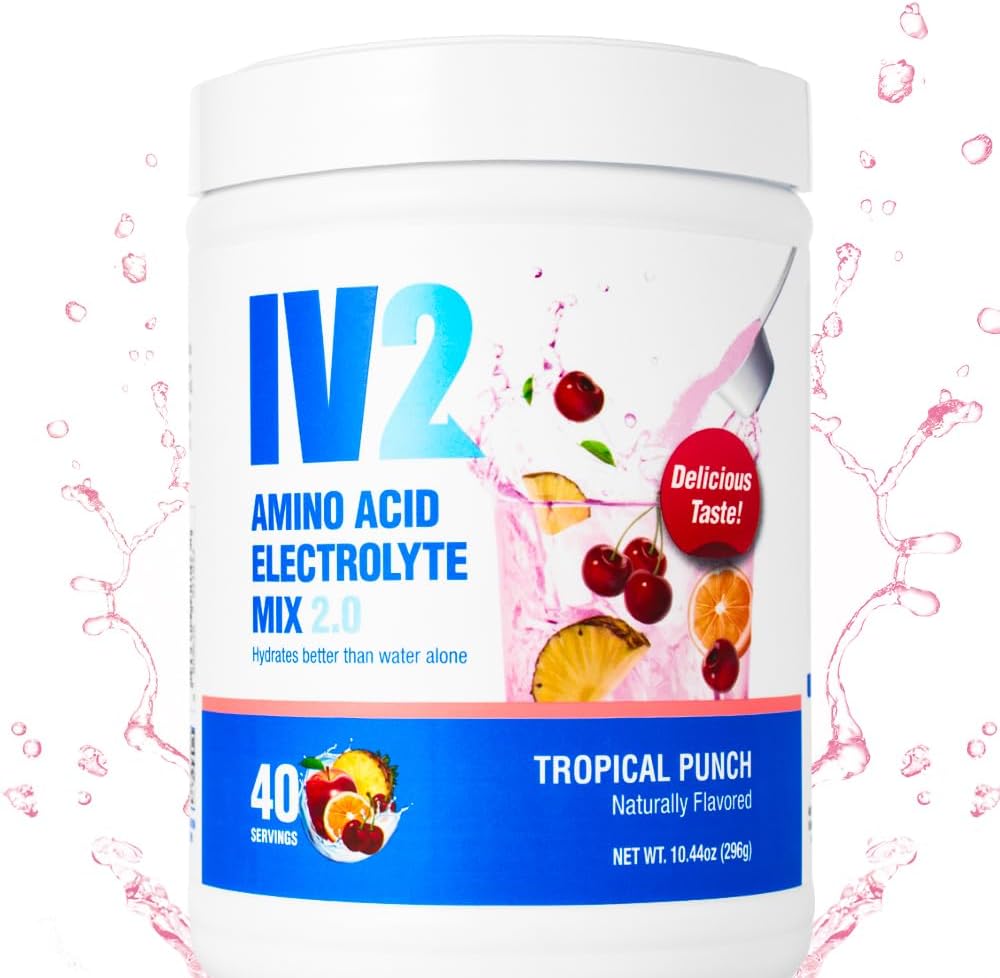 IV2 Proszek do nawadniania premium - Mieszanka elektrolitów wolna od cukru + Amino Kwasy i zasadnicze witaminy I Vegan, Non-GMO, Gluten- Free, Coffeine- Free (40 Servings)