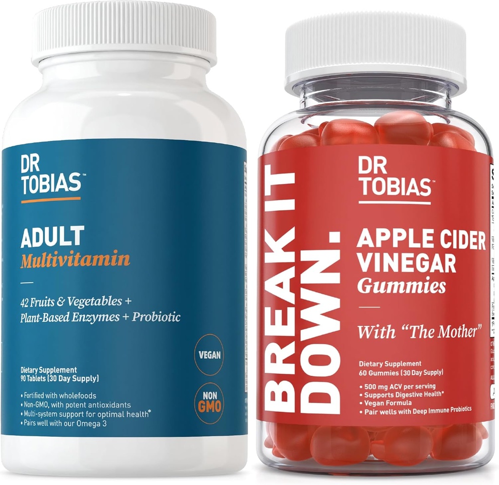 Dr. Tobias Adult Multivamin & Apple Cider Gummies Ocet, Wspiera energię, Immunitet & Gut Health, z 42 Owoce i warzywa Plus Probiotyki, Cludes The Mother, FOLATE, B12