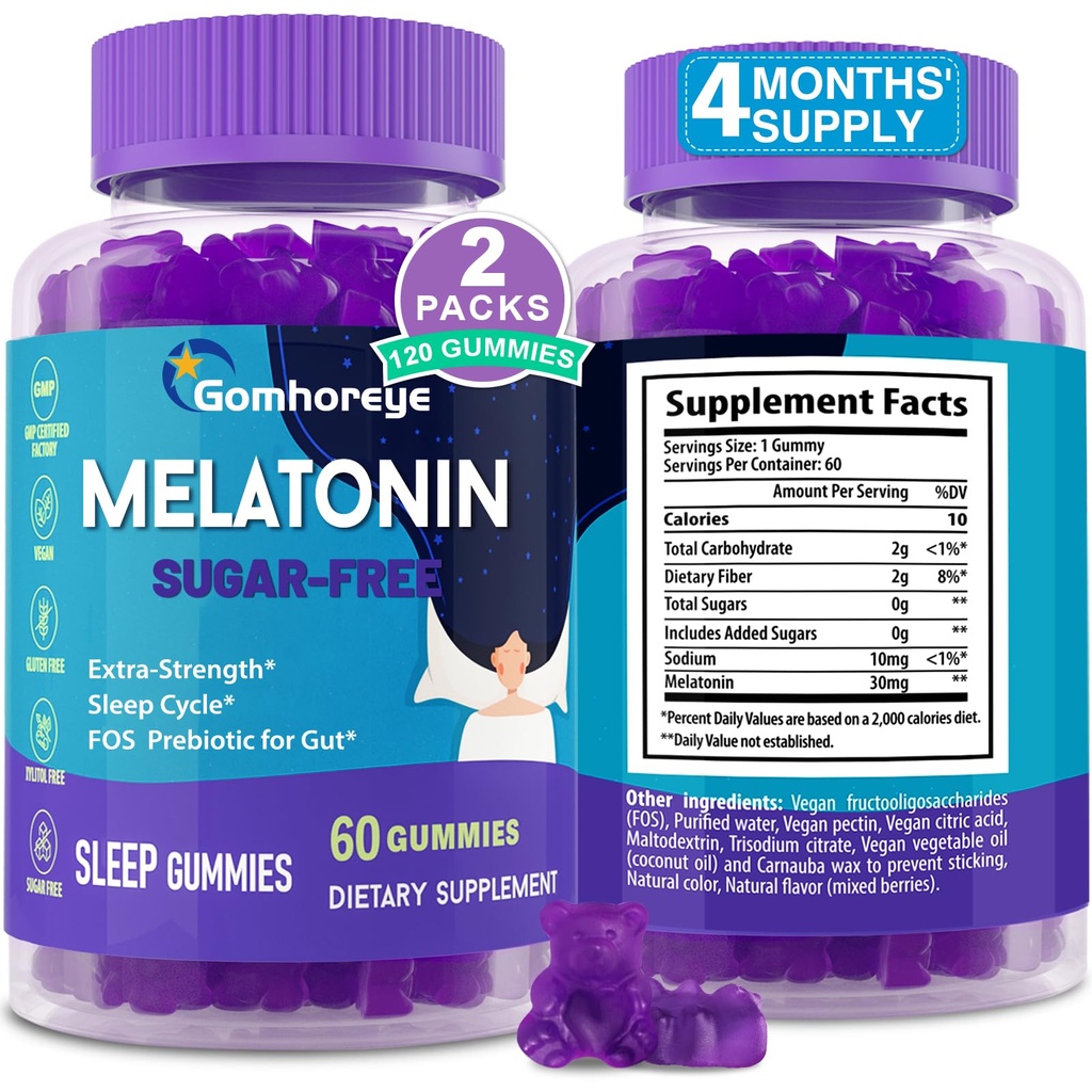 Melatonina Gummies 30 mg dla dorosłych - Maksymalna siła Melatonina Gummies dla Relaks & Soothing, Exgenous Melatonin Suplement z FOS dla immunologicznego, Gut zdrowia i równowagi pH, Sugar Free -120 Liczby