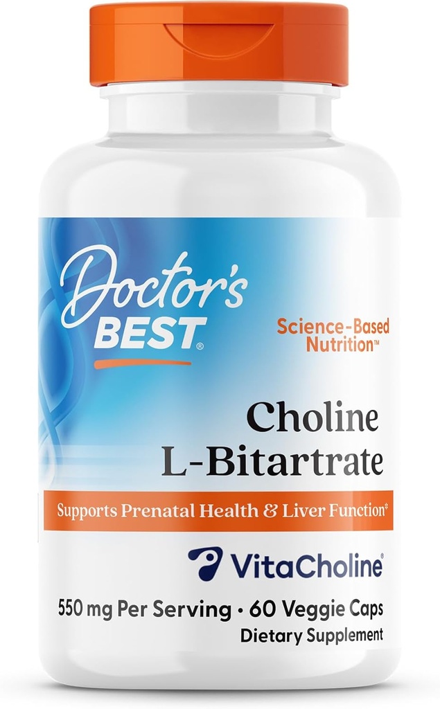 Najlepsza cholina lekarska L- Bitartrate (VitaCholina), wspomaga Prenatal Health & Liver Function, Non-GMO, Gluten Free, Soy Free, Vegan 60 Veggie Caps