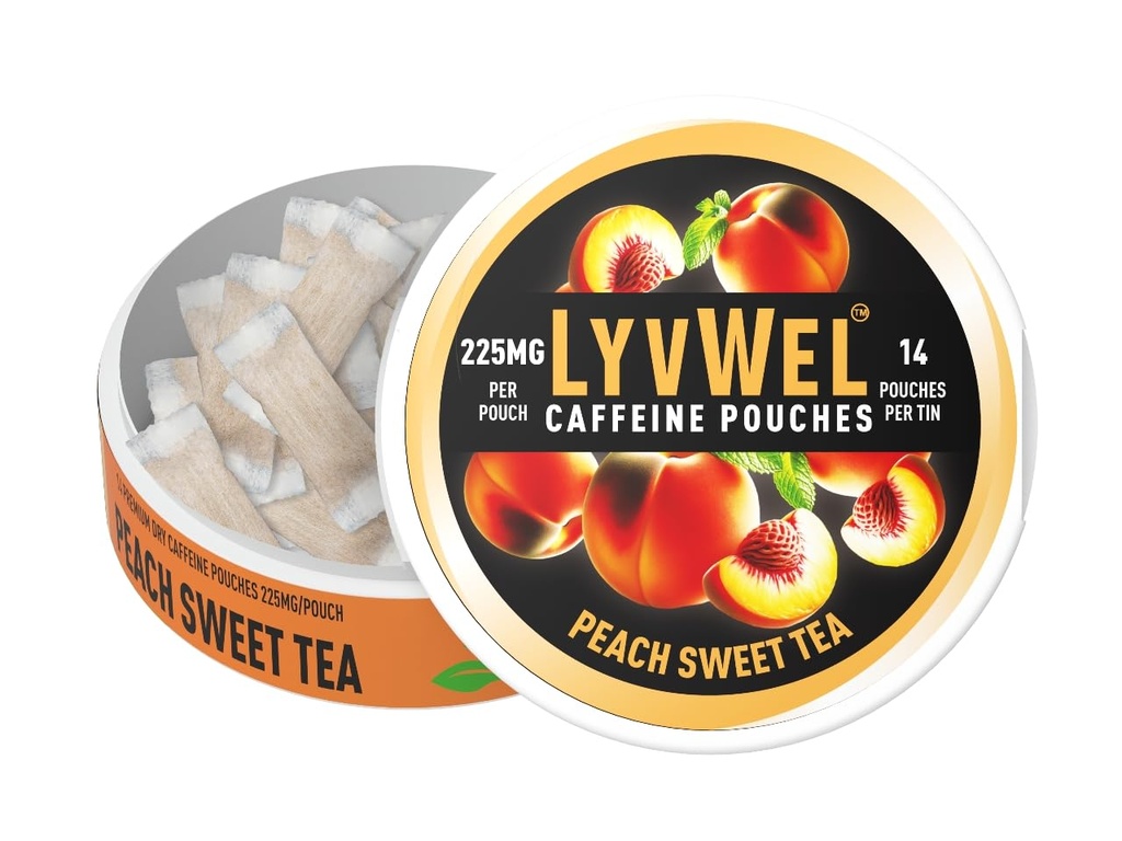 LyvWel Ultra Kofeina Pouch - Peach Sweet Tea - 225mg Naturalna Kofeina z guara- Czysta Energia dla Focus & Mood - 1- Pack (15 Pouches)