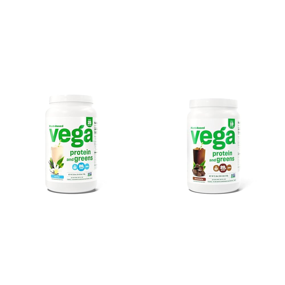 Vega Protein and Greens Protein Powder, Vanilla - 20g Plant Based Protein Plus Vegegies, Vegan & Protein and Greens Protein Powder Chocolate (19 Servings) - 20g Plant Based Protein Plus