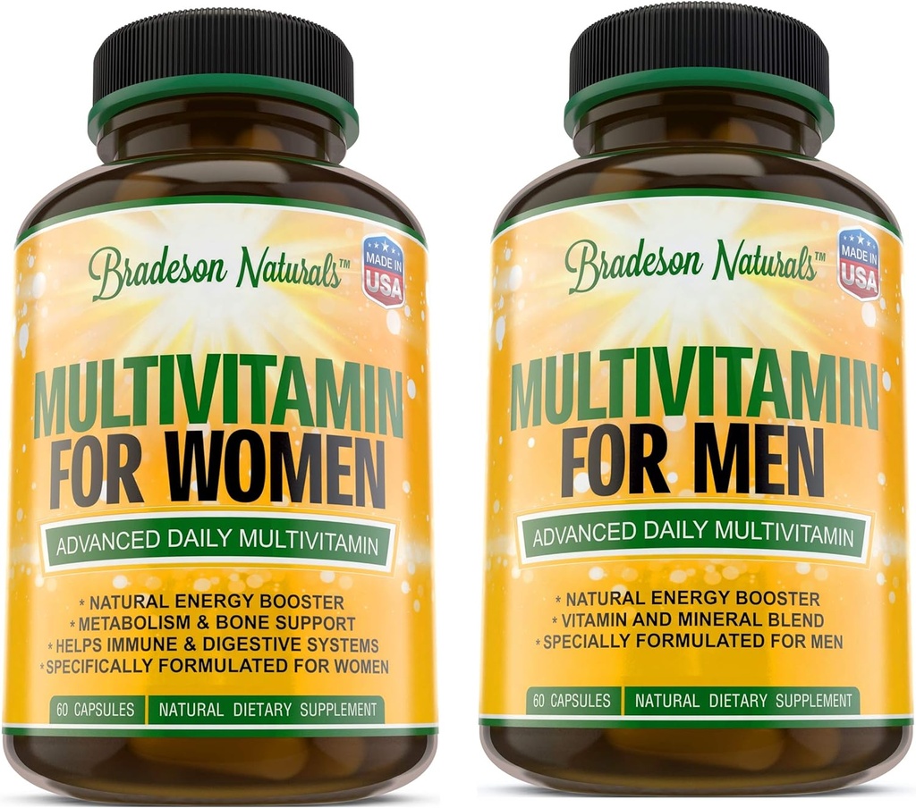 Women 's Multivitamin Supplement + Men' s Multivitamin Supplement. Witaminy A C D E & witamina B Complex. Wsparcie immunologiczne i żeńskie. Poprawia stan układu krążenia i gruczołu krokowego. Przeciwutleniacz i energia naturalna