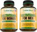 Women 's Multivitamin Supplement + Men' s Multivitamin Supplement. Witaminy A C D E & witamina B Complex. Wsparcie immunologiczne i żeńskie. Poprawia stan układu krążenia i gruczołu krokowego. Przeciwutleniacz i energia naturalna