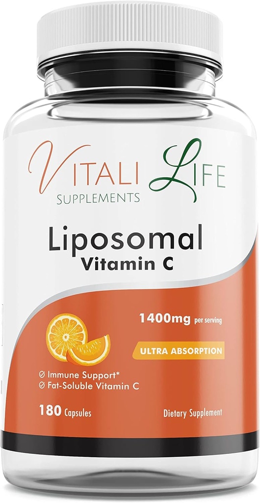 Vitali Life Liposomal Vitamin C, 1400 mg, 180 Capsules, Ultra High Absorption from Ascorbic Acid, Powerful Antioxidant, Immune System Support, Collagen Boosting for Skin Health