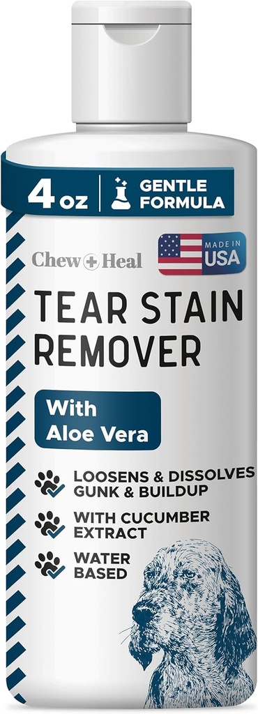 Chew + Heal Labs Pet Tear Remover for Dogs - 4 oz Water- Based Dog Eye Wash & Cleaner - rozpuszcza Gunk & Buildup - Aloe Vera & Cucumer Extract
