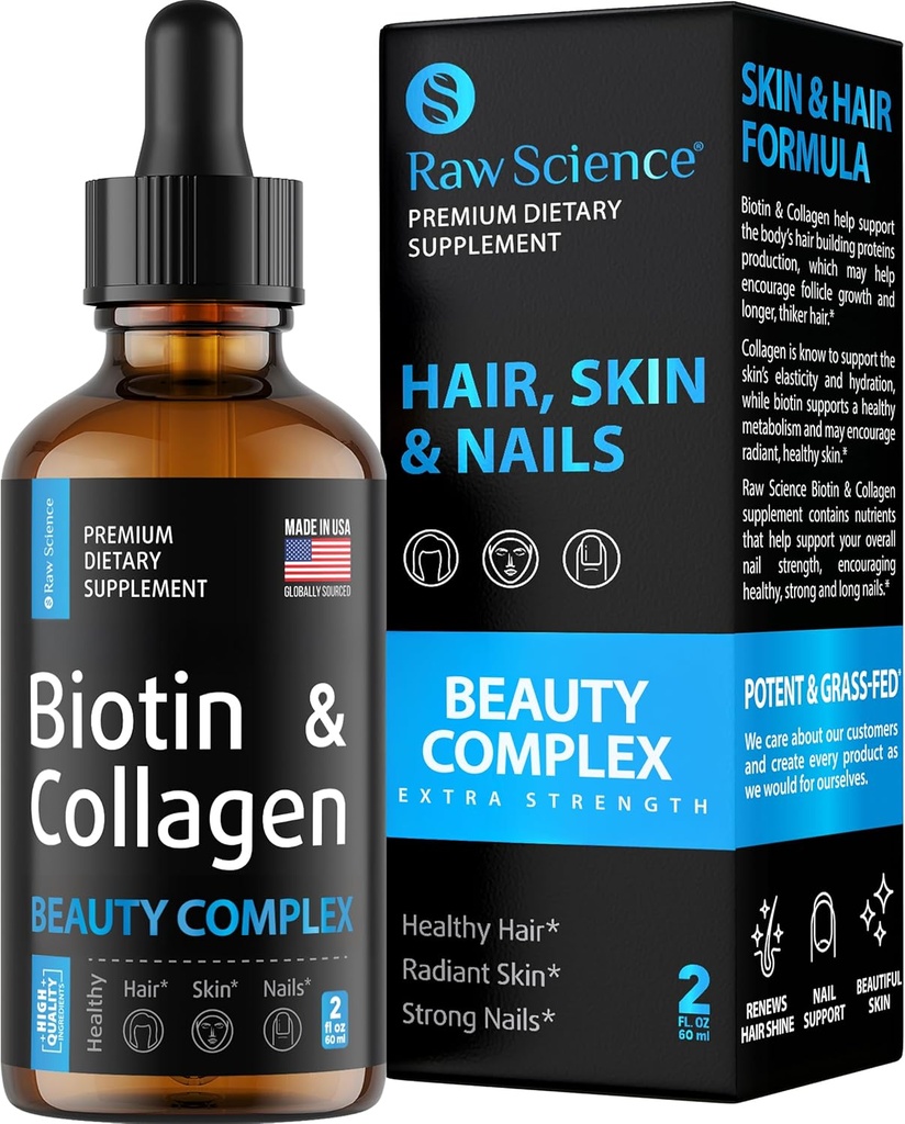 Liquid Collagen & Biotin Supplements for Hair Growth - Biotin 10000mcg Collagen Peptydes 20000mcg Drops - Hair Vitamin for Hair Loss for Women & Men, Skin and Nail Strengthener - Made in USA, 2 floz