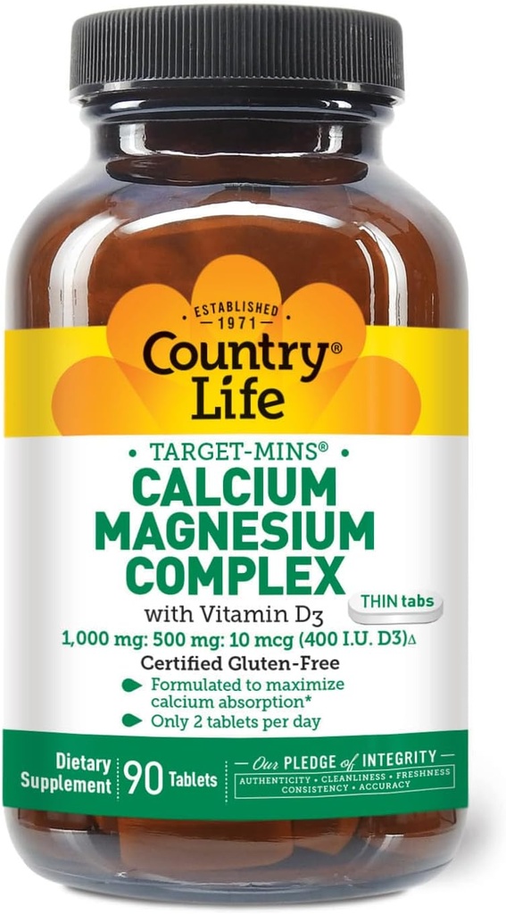 Country Life Target- Mins Wapnia Magnez z witaminą D- Complex, 1000mg / 500mg / 10mcg, 90 Tablets, Certified gluten Free, Certified Vegetarian