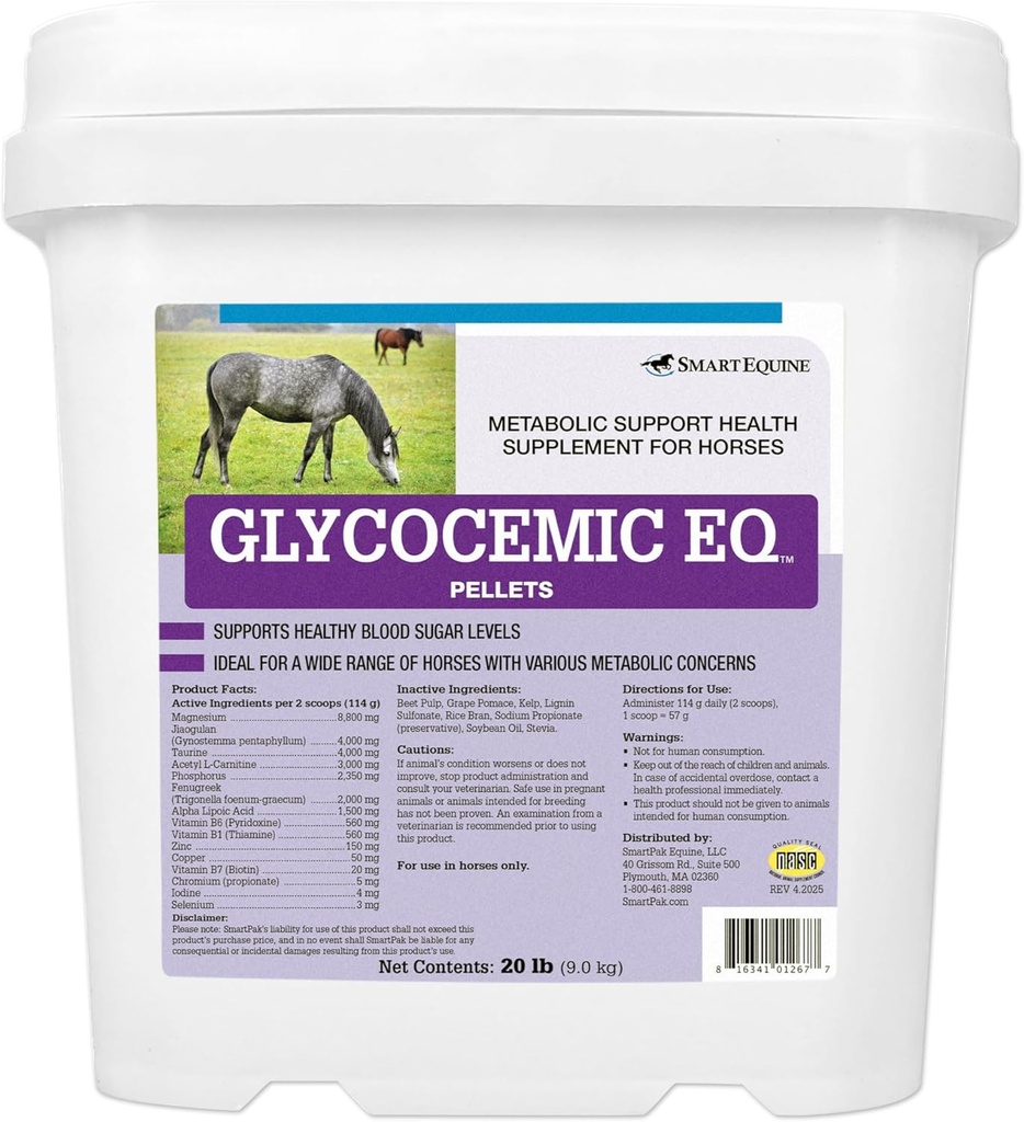 Glycocemic EQ Pellets, Equine Metabolic Support, 124; for Thyroid Function and Healthy Weight Support, 124; Tauryne, Jiaogulan, and More Agreement 124; 20 lb Bucket
