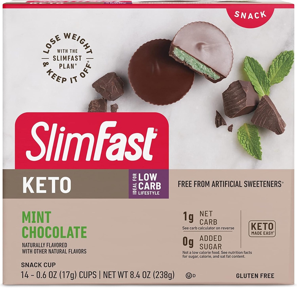 SlimFast Keto Fat Bomb Snack Cup, Mint Chocolate, Keto Snacks for Weight Loss, Niskie węglowodany z 0g Dodano cukier, 14 Licznik Box (Packaging May Vary)