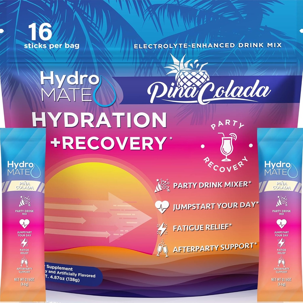 HydroMATE Elektrolity w proszku Pakiety Ananasowe Hydration Akcelerator Niski cukier Party Ulubione do odzyskiwania Tropical Piña Colada 16 Sticks