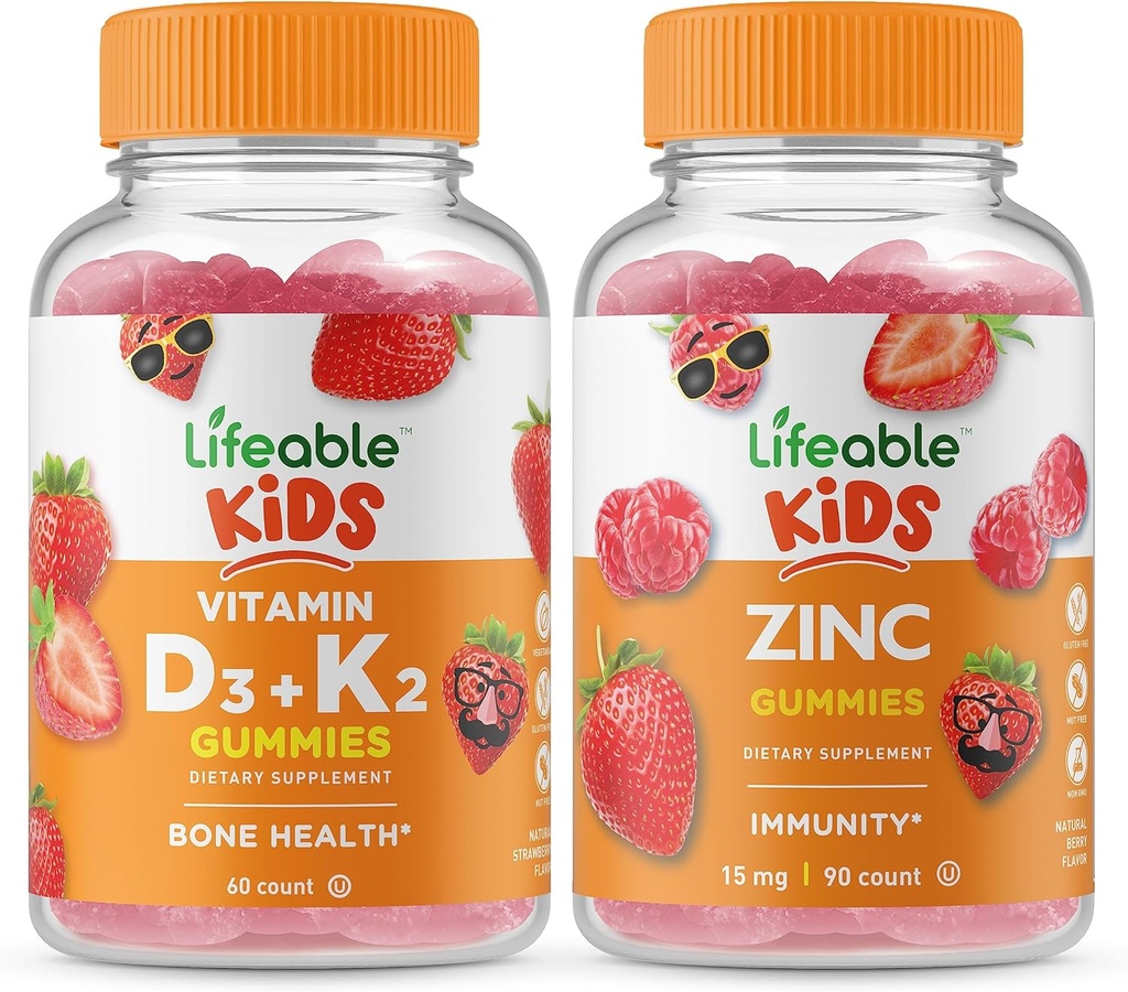 Żywa witamina D3 + witamina K2 Dzieci + Cynk Dzieci, Gummies Bundle - Great Desting, Suplement witaminy, Gluten Free, GMO Free, Gummy do żucia