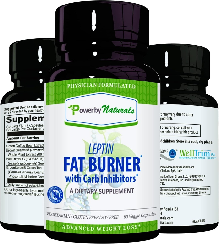 Power By Naturals: Spalacz tłuszczu Leptin z Carb Blocker - 60 Kapsułki bez glutenu, Leptin Weight Loss Diet Pigułki, Efficient Fat Burner, Appetite Supressant