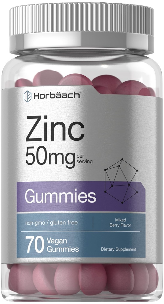 Horbäach Zinc 50mg Xivy124; 70 Gummies Xivy124; Mieszany Berry Flavor Xivy124; Wegan, Non- GMO i Gluten Free Formula Xivy124; Cynk Cytrat Suplement diety