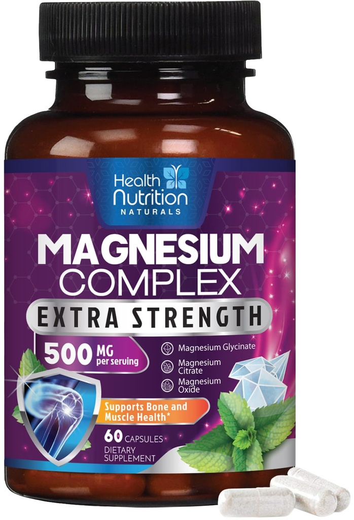 Magnezu Complex kapsułki 500 mg z tlenkiem, Glicynatem, jabłkiem, cytratem - Kompleks Wysokiej Absorpcji Chelated Magnezu Suplementy mineralne - dla wsparcia zdrowia mięśni, kości i serca - 60 Kapsułki