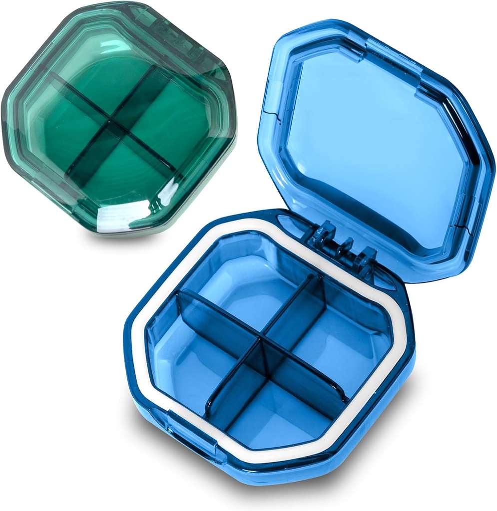 Daily Pill Organizer, 2 Pack 4 Komory Małe Pudełko Pill Case, Travel Pill Organizer for Purse Pocket to Hold Vitamin, Cod Liver Oil, Supplements and Medication (Niebieski + zielony)