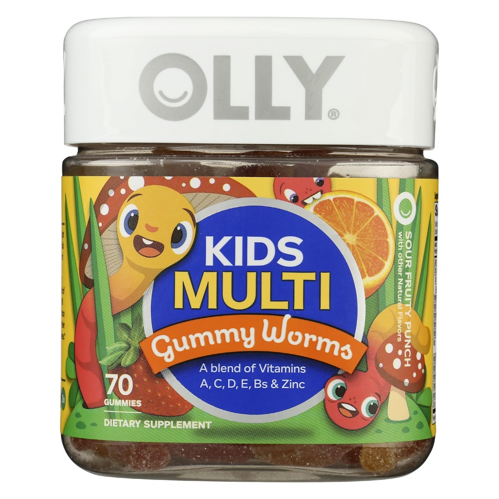 OLLY Kids Multivitamin Gummy Worms, Ogólne Zdrowie i wsparcie immunologiczne, Witaminy i minerały A, C, D, E, B i cynku, Suplement do żucia, Sour Fruit Punch, 45 Day Supply - 70 Count