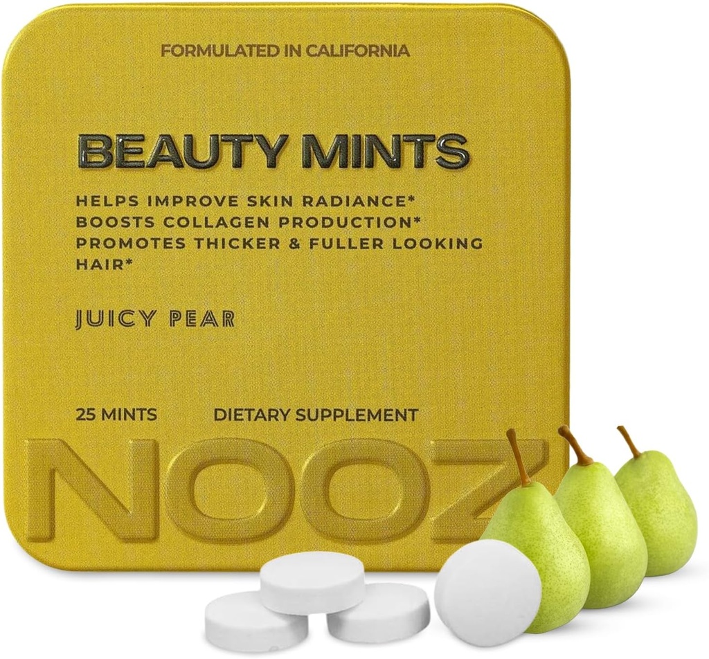 NOOZ Beautiful Mints - Bezcukrowa Mennica Biotin do Świecenia Skóry, Zdrowe włosy i silne paznokcie - Juicy Pear Flavor 124; Przyjazny dla podróżnych Suplement z przeciwutleniaczami, Witamina C, B6 & B12 Bething 124; Non-GMO, 25 Mints
