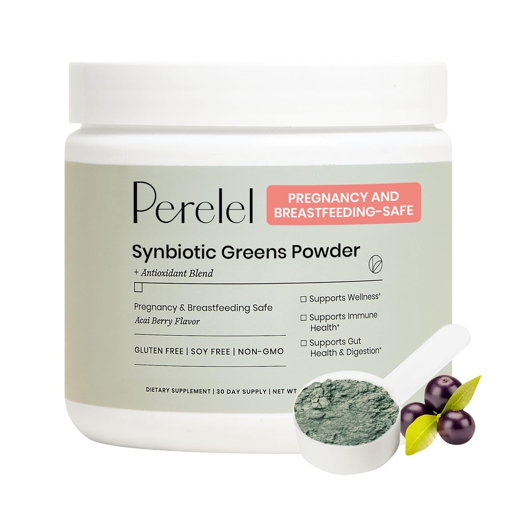 Proszek Perelel Synbiotic Greens, Superfood Mieszanka z owocami, Warzywa, Probiotyki, Włókno, Spirulina i Chlorella, Daily Greens Supplement, Soy & Gluten Free, Nie GMO, Acai Berry Flavor, 30 Służenia