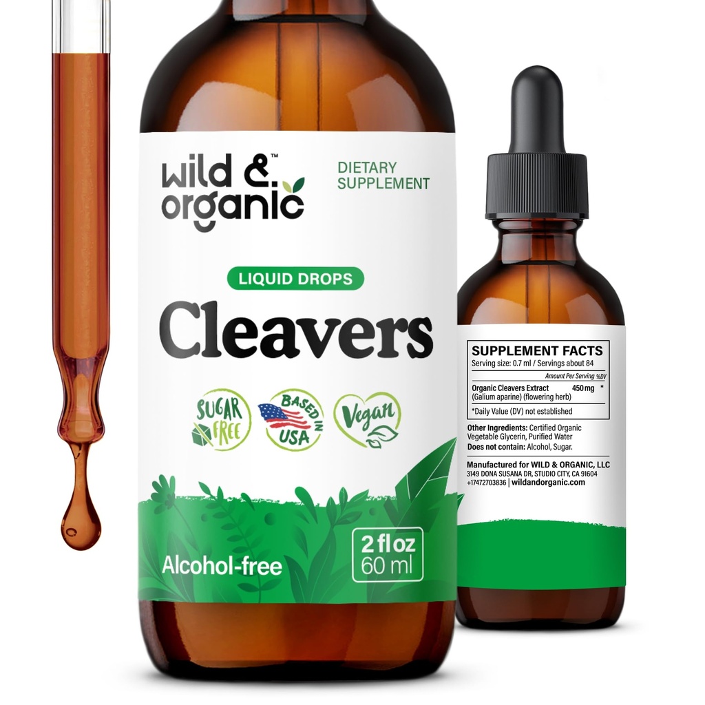 Wild & Organic Cleavers Tincture - Natural Detox Drops with Cleavers Leaf - Suplement do ekstraktu Galium Aparine Herb - Vegan, Sugar & Alcohol- Free - 2 fl oz
