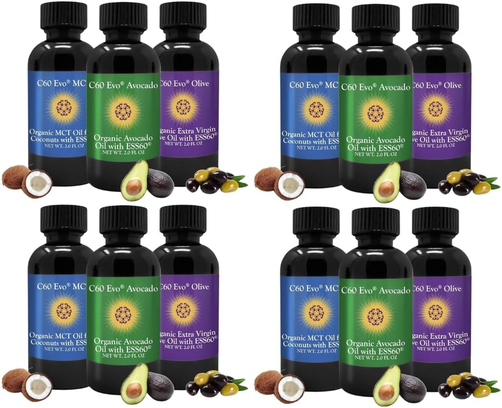 All- Natural Oils Edible, Mini Oil Sampler Zestaw z czystego C60 ESS60, Wsparcie immunologiczne i Joint Supplement z Olive Oil, Avocado Oil & MCT Oil kokosowy, Zestaw 12, 2 Oz Każdy