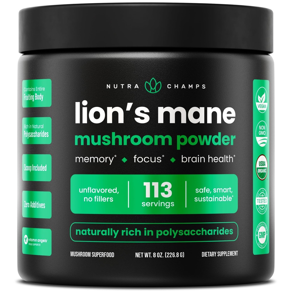 NutraChamps Organic Lions Mane Powder - 2000mg Potężny nootrop do pamięci, Focus, Immune Support - Vegan Lion 's Mane Mushroom Supplement Powder with Natural Occurring Beta- Glucans - 8oz