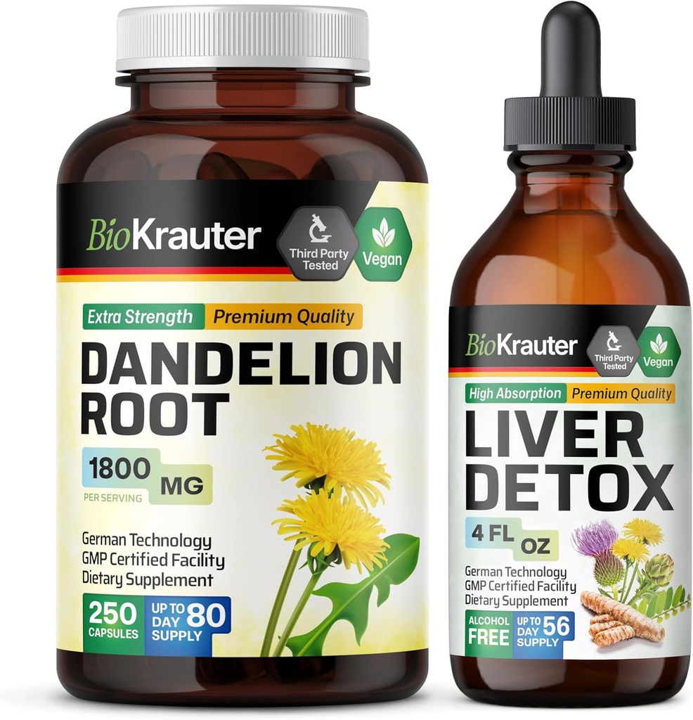 BIO KRAUTER Dandelion Root 250 Kapsułki i wsparcie wątroby Tincture 4 Fl. Oz.