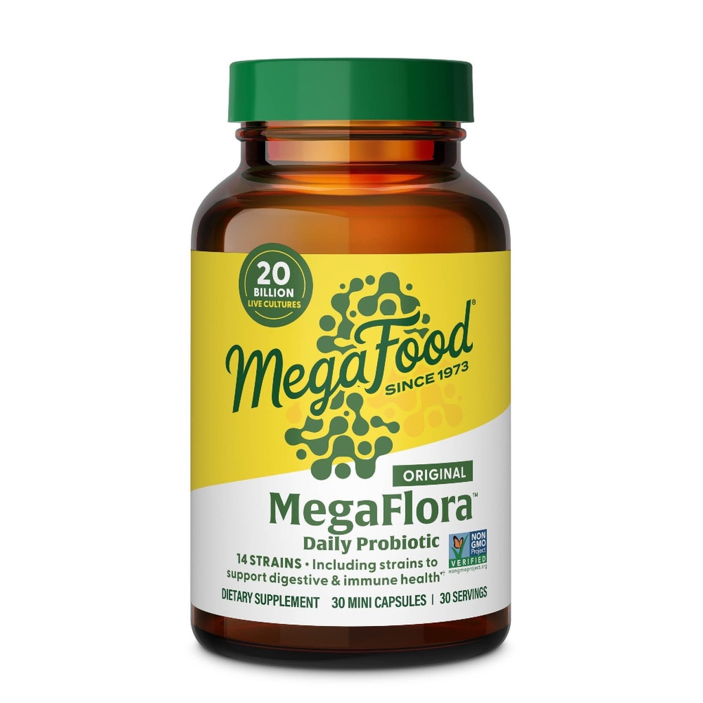 MegaFood MegaFlora Probiotic - Probiotyki dla Kobiet Digestive Health - Suplement wsparcia immunologicznego - 20 Miliard CFU - 14 Szczepów - Nie-GMO - Wegetarianin - 30 Mini Kapsułki (30 Służenie)