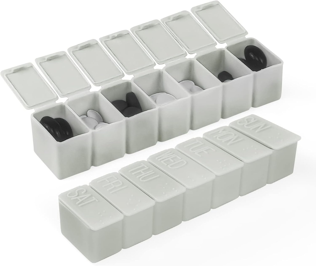 Cotygodniowe małe pióro Organizator, 7 dniowy pióro Case, Codzienne witaminy Case Medicine Box, Pill Container for Medicine Supplements Fish Oil (2szt, Grey)